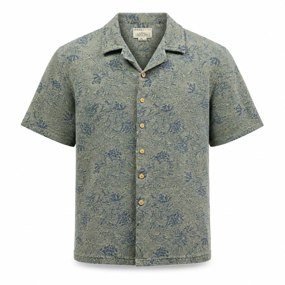 Natural Issue Button Down Shirt Mens L Green Blue Tropical Ribbed Camp Collar